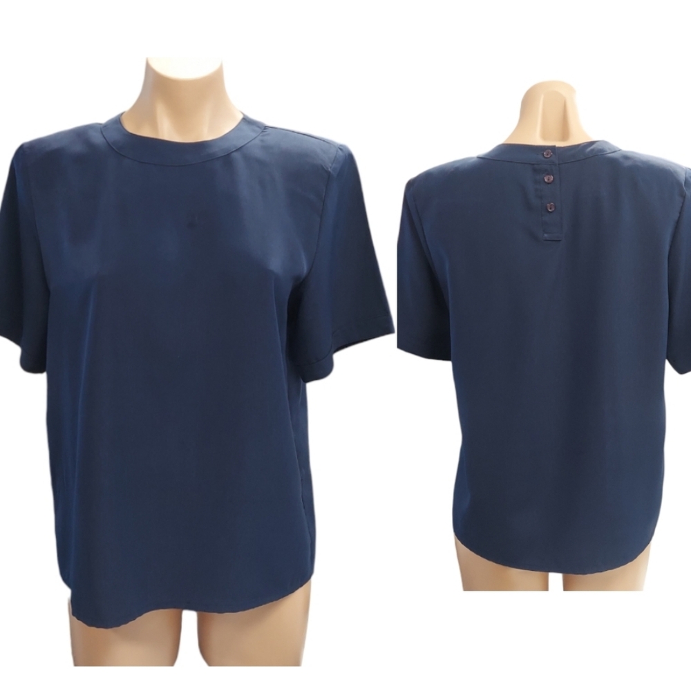 Vintage Worthington Navy Blue Button Back Neck Short Sleeve Career Blouse